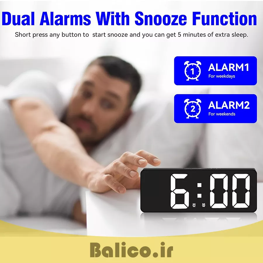 ساعت رومیزی دیجیتال بالیکو مدل LED DIGITAL CLOCK دارای سنسور صدا نمایش تاریخ دماسنج و دو زمان زنگ بیداری