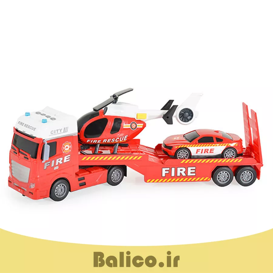 ست اسباب بازی مدل تریلی آتش نشانی نوزیکال همراه با هلیکوپتر و ماشین امداد